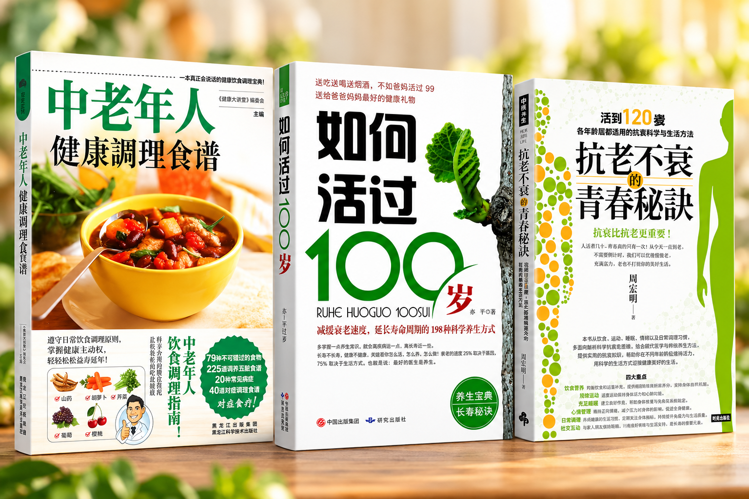 中老年人健康調理食譜、如何活過100歲、抗老不衰的青春秘訣三本書籍展示